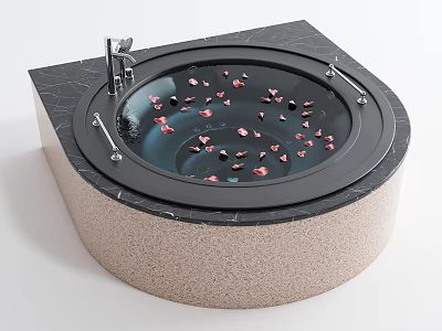 Modern Square Bathtub with Rose Petals and Marble Surrounding Faucet Handles 3d model