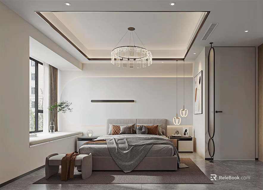 Modern Bedroom Interior With Comfortable Bed Chandelier Side Tables Rug And Green Plant 3d model 