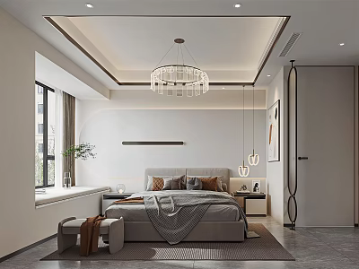 Modern Bedroom Interior With Comfortable Bed Chandelier Side Tables Rug And Green Plant 3d model