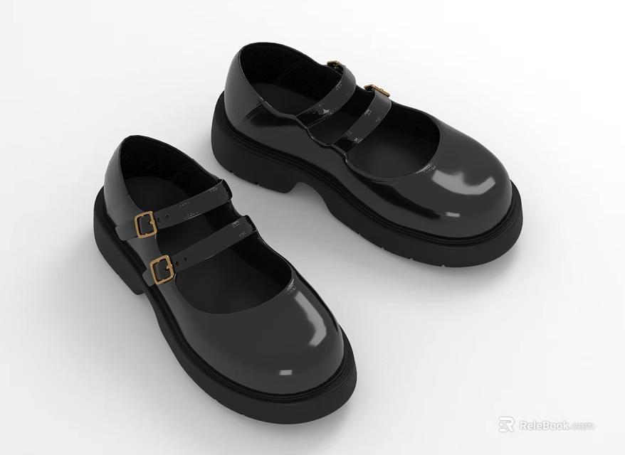 Women's Black Patent Leather Platform Shoes With Double Buckle Straps Design 3d model 