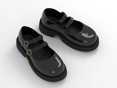 Women's Black Patent Leather Platform Shoes With Double Buckle Straps Design 3d model