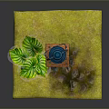 Wooden Stool With Blue Kerosene Lamp And Green Leaf On Yellow Textured Ground