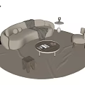 Modern Curved Beige Sofa With Throw Blanket And Round Coffee Table In Minimalist Living Room