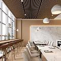 Modern Restaurant Interior With Wooden Slat Ceiling Pendant Lights Large Windows Marble Wall Dining Tables