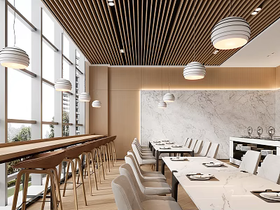 Modern Restaurant Interior With Wooden Slat Ceiling Pendant Lights Large Windows Marble Wall Dining Tables 3d model