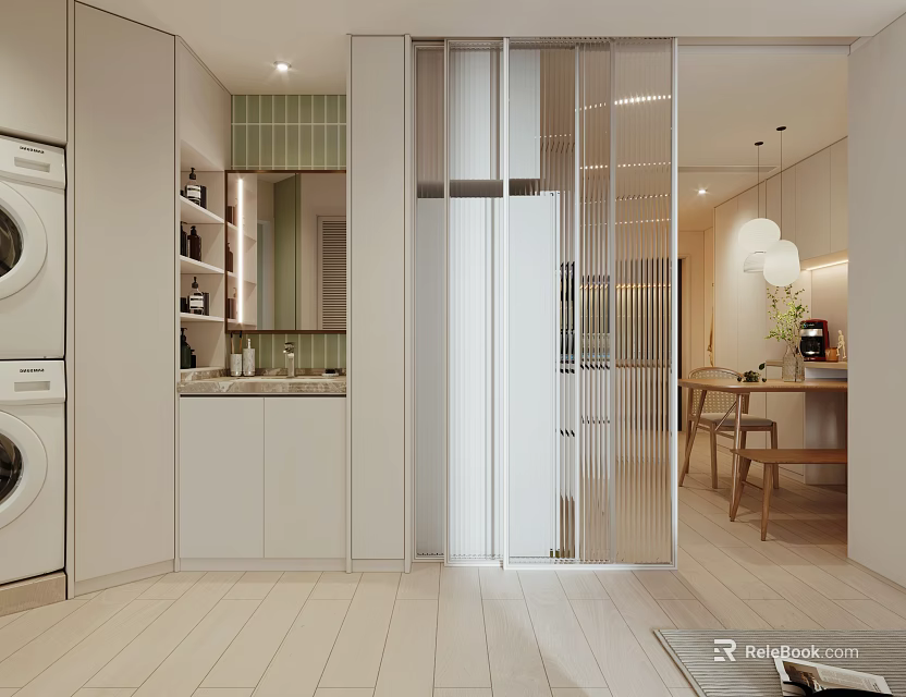 Modern Apartment Interior Featuring Laundry Zone Glass Dividers And Dining Area 3d model 