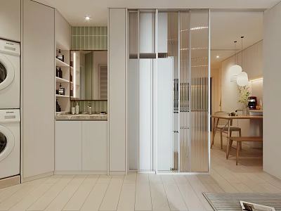 Modern Apartment Interior Featuring Laundry Zone Glass Dividers And Dining Area 3d model