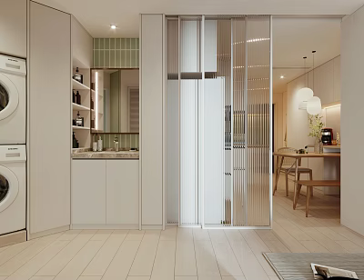 Modern Apartment Interior Featuring Laundry Zone Glass Dividers And Dining Area 3d model