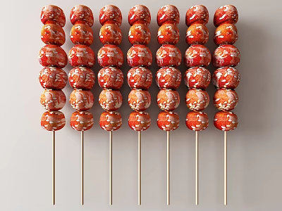 Multiple Red And White Striped Candied Hawthorns On Sticks Arranged Neatly On White Background 3d model