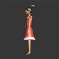 3D Female Character Model Wearing Red Dress With White Hem Blue Belt And Black Bun Hairstyle