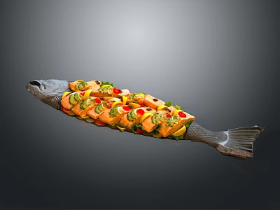 Whole Fish With Colorful Fresh Vegetables And Fruits As Delicious Dish 3d model
