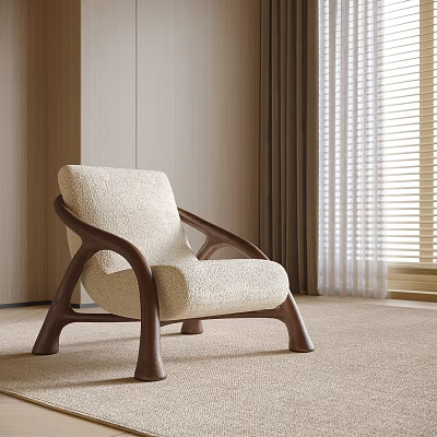 Modern Design Beige Plush Accent Chair With Wooden Armrests In Room With Carpet And Curtain 3d model
