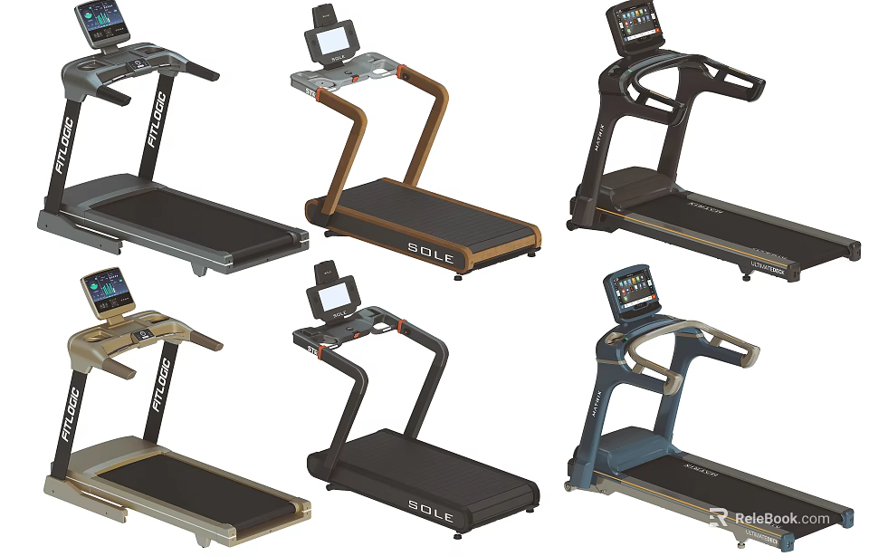 Various Modern Treadmills As Sports Equipment With Electronic Displays And Different Designs 3d model 