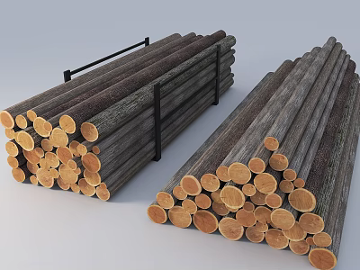 Natural Wood Logs And Stone Stacked With Bundled Timber Cut Ends 3d model