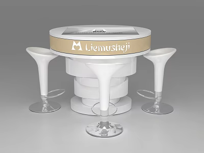 Round Bar Counter With Lienmusteji Logo and Transparent Goblets On White Layered Base 3d model