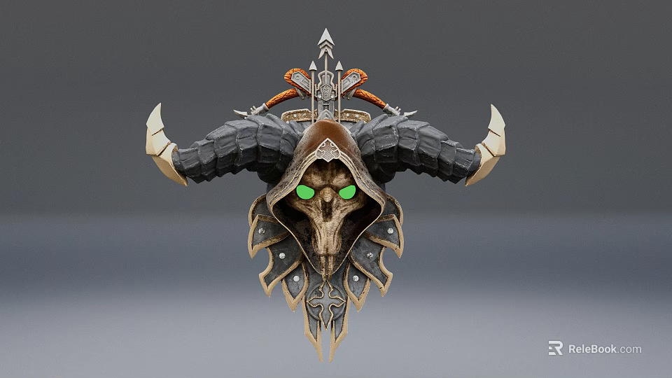 Wall Decorative Skull Ornament With Horns Green Eyes And Metal Details 3d model 