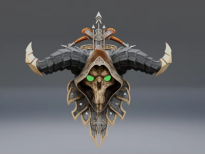Wall Decorative Skull Ornament With Horns Green Eyes And Metal Details 3d model