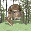 Elevated Wooden Treehouse With Dome Roof Staircase Surrounded By Lush Forest Trees