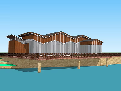 Modern Tourist Center With Wooden Metal Structure Sloped Roof And Waterfront Stone Base 3d model