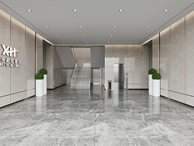 Modern Front Desk Reception Lobby With Marble Floor Green Plants Elevator Staircase And Company Logo 3d model