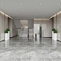 Modern Front Desk Reception Lobby With Marble Floor Green Plants Elevator Staircase And Company Logo