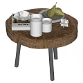 Round Wooden Coffee Table with Black Slim Legs and Book Thermal Mug Pears on Plate