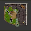 Cartoon Scene with Brick Walls Barrels Flag Street Lamps Gravestones Grass and Wooden Fences