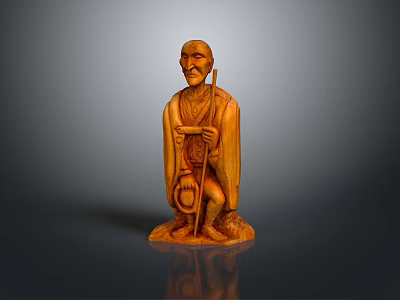 Detailed Wooden Carving Figure Of Elderly Man With Staff And Traditional Attire 3d model