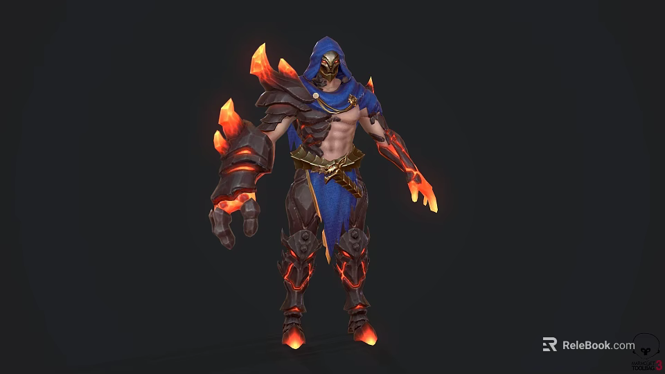 Hooded Muscular Game Movie Character With Blue Armor Red Flame And Ornate Details 3d model 