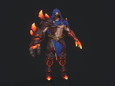 Hooded Muscular Game Movie Character With Blue Armor Red Flame And Ornate Details 3d model