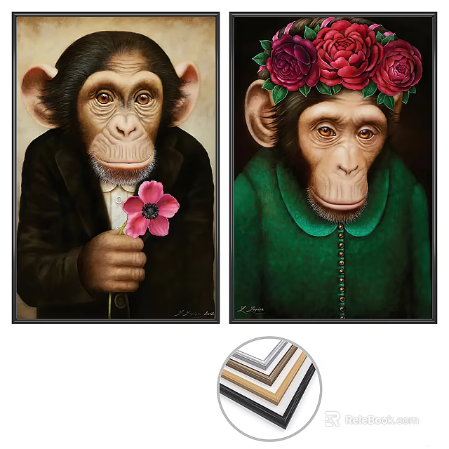 Chimpanzee Animal Paintings Wearing Black Jacket Green Shirt With Flower Crown And Pink Flower 3d model 