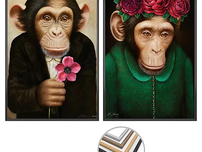 Chimpanzee Animal Paintings Wearing Black Jacket Green Shirt With Flower Crown And Pink Flower 3d model