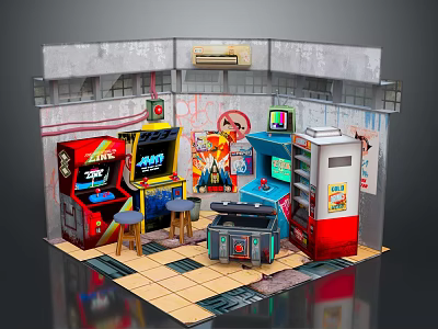 Cartoon Retro Arcade Scene Featuring Graffiti Walls Vintage Machines Old TV And Vending 3d model