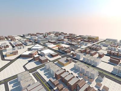 Cartoon City Aerial View With Colorful Buildings And Grid Roads Under Bright Sky 3d model