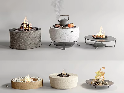 Various Decorative Fire Pits With Burning Flames And Stone Metal Designs 3d model