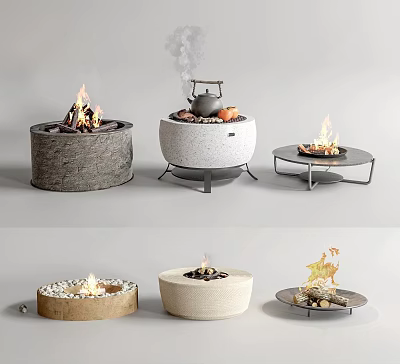 Various Decorative Fire Pits With Burning Flames And Stone Metal Designs 3d model