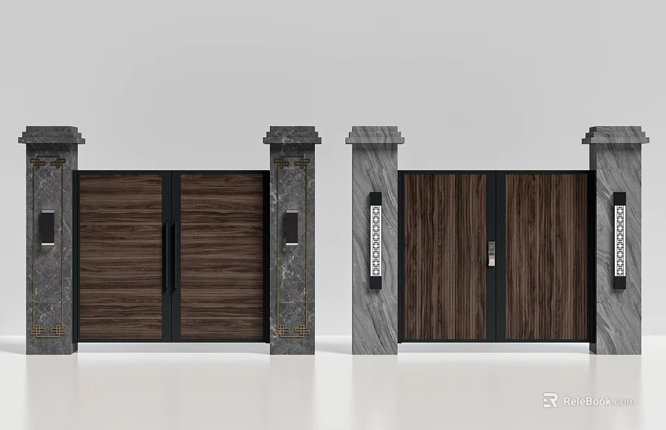 Double Wooden Gates With Stone Pillars And Modern Metal Handles Exterior Design 3d model 