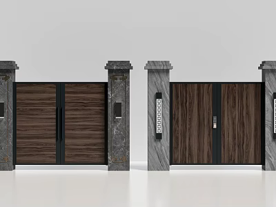 Double Wooden Gates With Stone Pillars And Modern Metal Handles Exterior Design 3d model