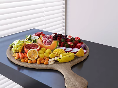 Fresh Assorted Fruits Platter Served on Wooden Tray with White Window Blinds 3d model Fresh Assorted Fruits Platter Served on Wooden Tray with White Window Blinds 3d model