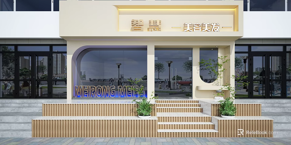 Beauty Hair Salon Storefront With Illuminated Signage Glass Windows Steps And Plants 3d model 