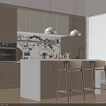 Modern Kitchen Interior With White Island Counter Wooden Cabinets Bar Stools And Pendant Lights