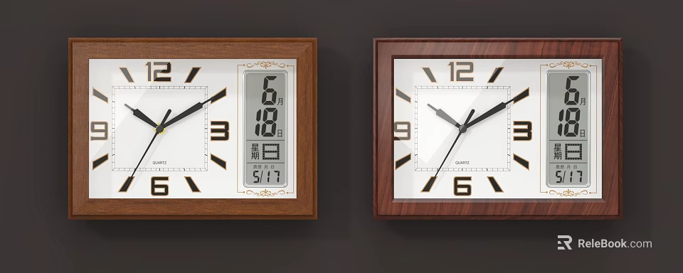 Two Wooden Wall Clocks With Digital And Analog Displays White Dials Black Numbers Hands 3d model 