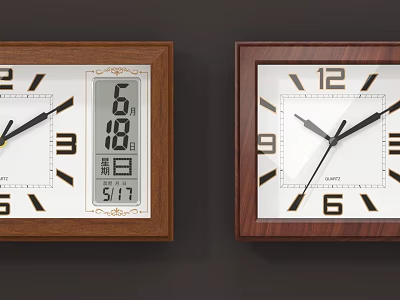 Two Wooden Wall Clocks With Digital And Analog Displays White Dials Black Numbers Hands 3d model