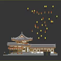 Ancient Traditional Architecture With Classical Roof And Floating Colorful Lanterns And Cultural Heritage Scene