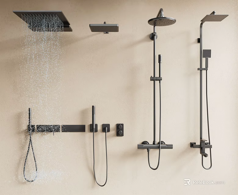 Modern Black Wall Mounted Shower Heads With Various Designs And Water Flow 3d model 
