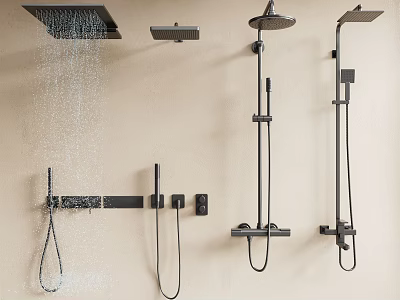Modern Black Wall Mounted Shower Heads With Various Designs And Water Flow 3d model