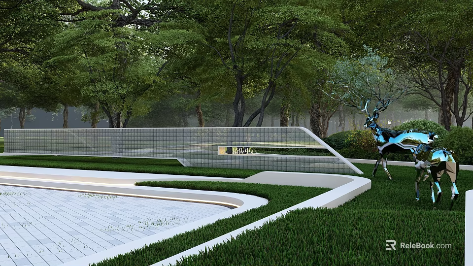 Modern Feature Wall With Grid Design Blue Deer Sculpture Green Grass And Trees In Garden 3d model 