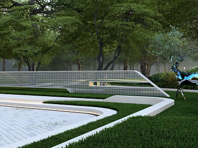 Modern Feature Wall With Grid Design Blue Deer Sculpture Green Grass And Trees In Garden 3d model