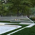 Modern Feature Wall With Grid Design Blue Deer Sculpture Green Grass And Trees In Garden