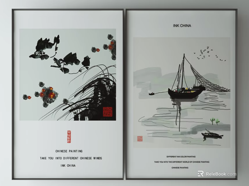 Traditional Chinese Ink Paintings with Lotus Bird Sailing Boat and Mountain Scenery 3d model 